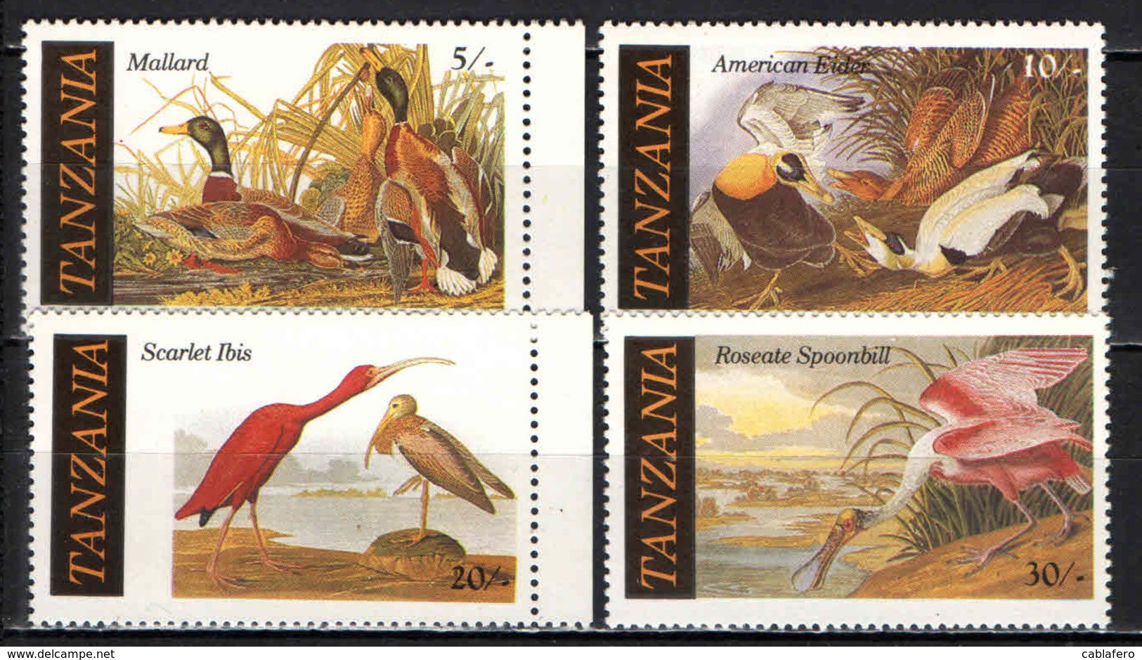 TANZANIA - 1986 - Illustrations Of American Bird Species By Audubon: Mallard, American Eider, Scarlet Ibis - MNH - Tanzania (1964-...)