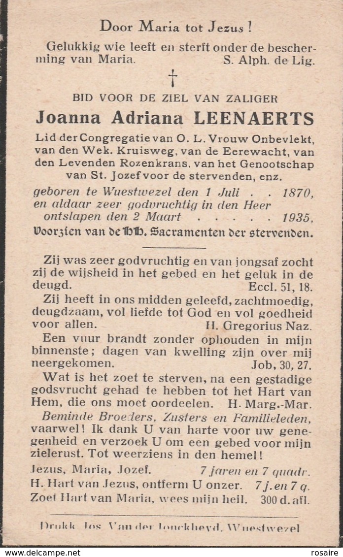 Joanna Adriana Leenaerts-wuestwezel 1870-1935 - Images Religieuses