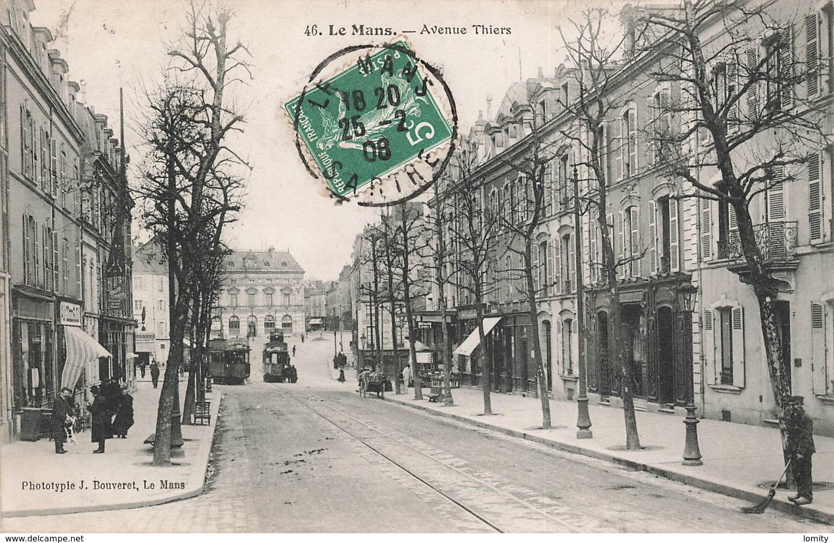 Tram Tramway Le Mans Avenue Thiers Cpa Carte Animée Cachet 1908 - Tramways