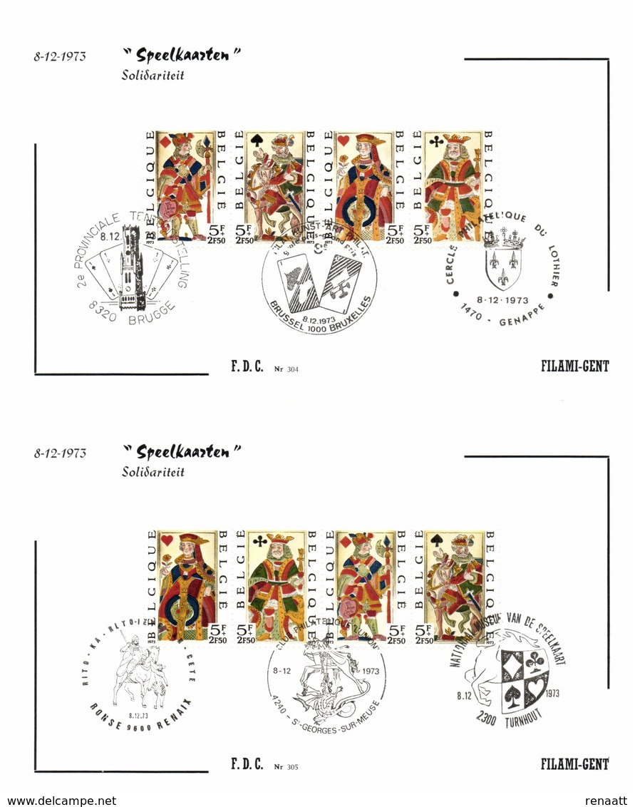 Belgium 1973 Mi. 1746-1749 COB 1695-1698 FDC, 2 Filami Cards, Playing Cards Spades Hearts Diamonds Clubs, Cartes à Jouer - Non Classés