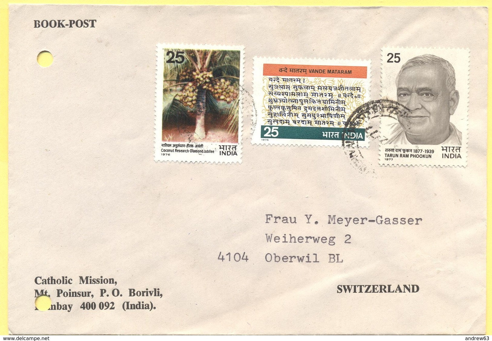 INDIA - 1977 - 3 Stamps - Book Post - Catholic Mission - Viaggiata Da Bombay Per Oberwil, Suisse - Storia Postale