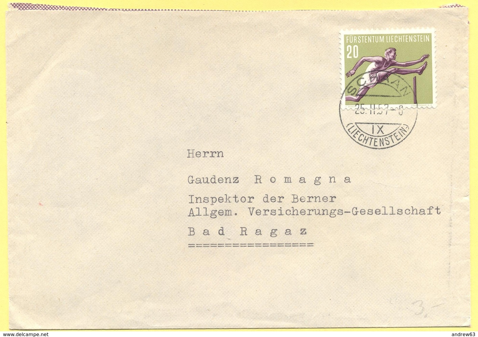 Liechtenstein - 1957 - 20 Sport - Viaggiata Da Schaan, Vaduz Per Bad Ragaz, Svizzera - Storia Postale