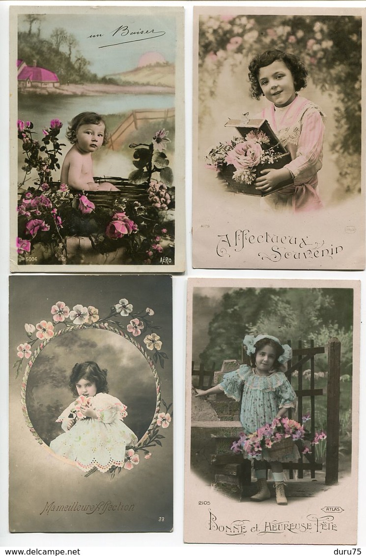 4 CPA Fantaisies * Bébé Enfant Fillette Petite Fille * Fleurs Souvenir Fête Affection - Collections, Lots & Séries