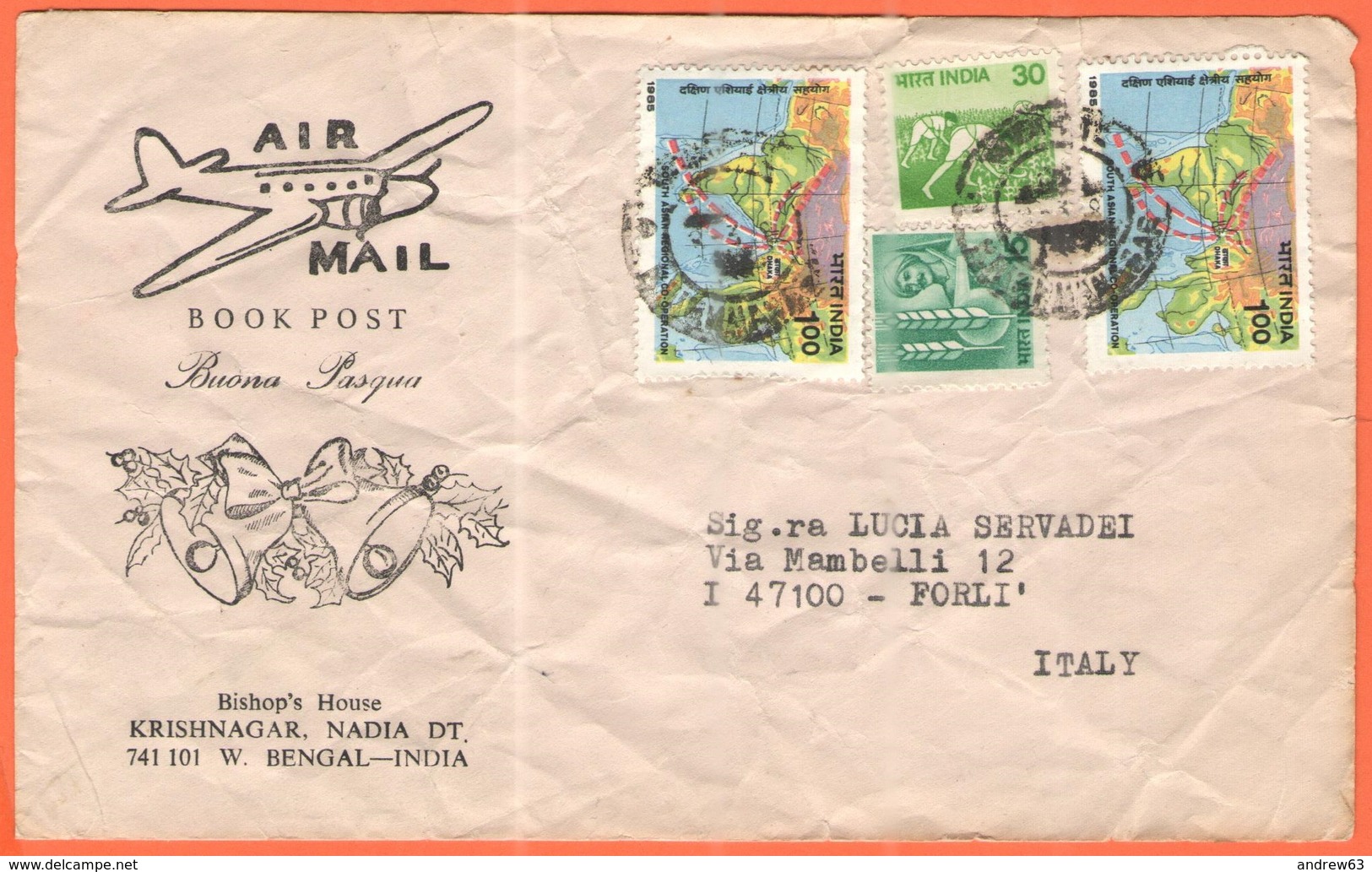 INDIA - 1987 - 4 Stamps - Airmail - Book Post - Buona Pasqua - Viaggiata Da Krishnanagar Per Forlì, Italia - Storia Postale