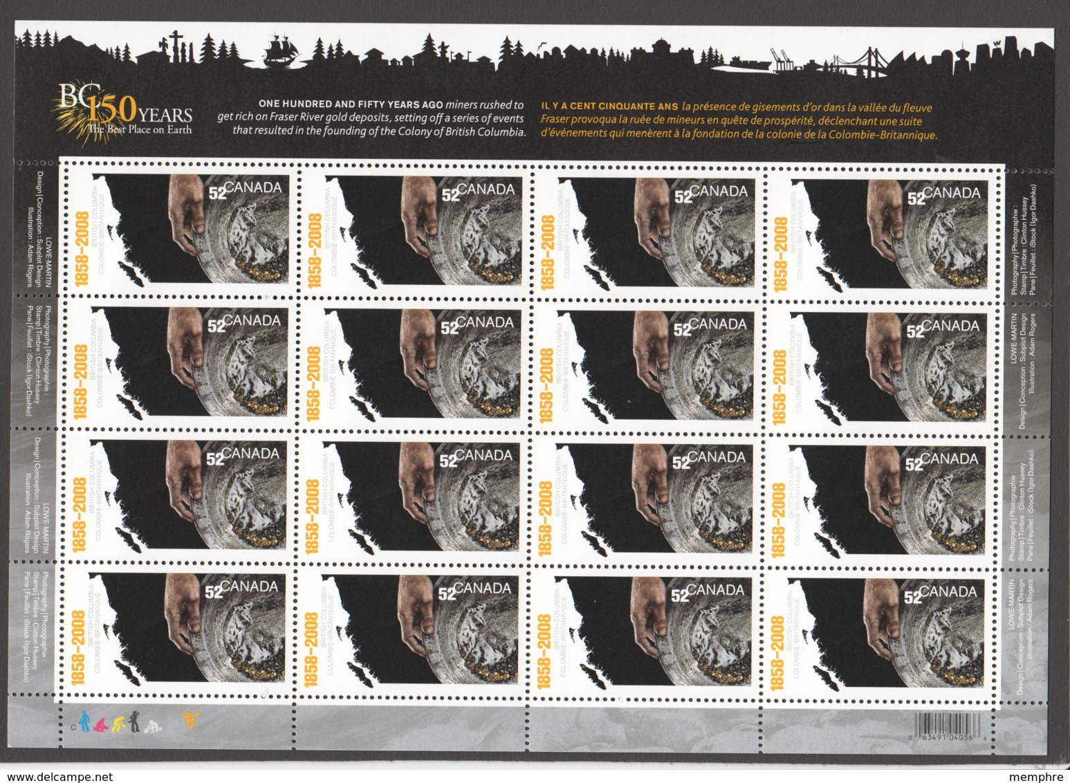 2009  British Columbia Sesquicentennial - Gold Panning- Complete Sheet Of 16 Sc 2283 - Ganze Bögen