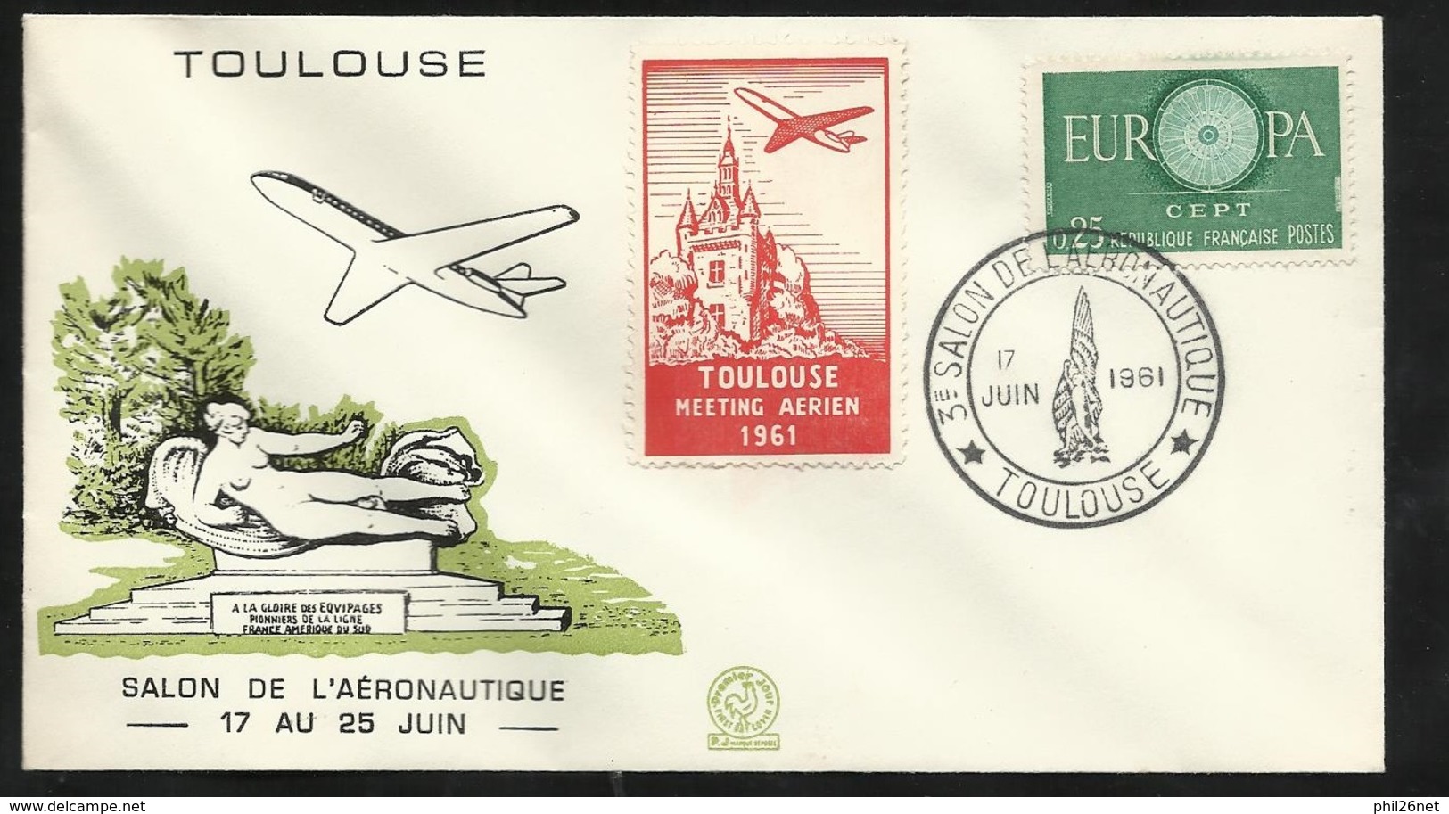 Rare Lettre Illustrée 3ème Salon Aéronautique Toulouse Le 17/1/1961 N°1266  Cachet Illustré Vignette Meeting Aérien TB - Luchtvaart