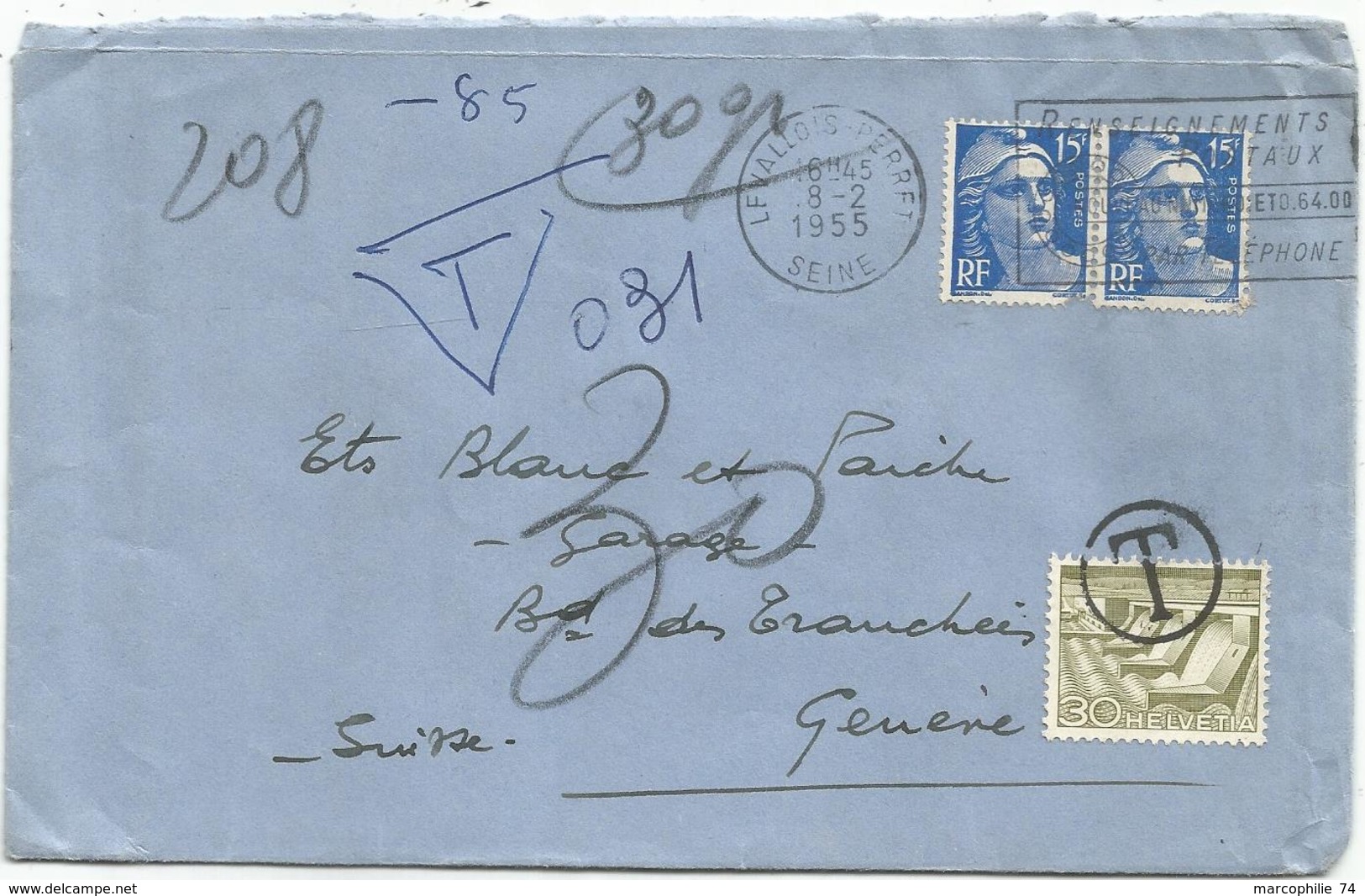 GANDON 15FR BLEU X2 1 DEFAUT LETTRE LEVALLOIS PERRET 1955 POUR SUISSE TAXE 30C - 1945-54 Marianne De Gandon