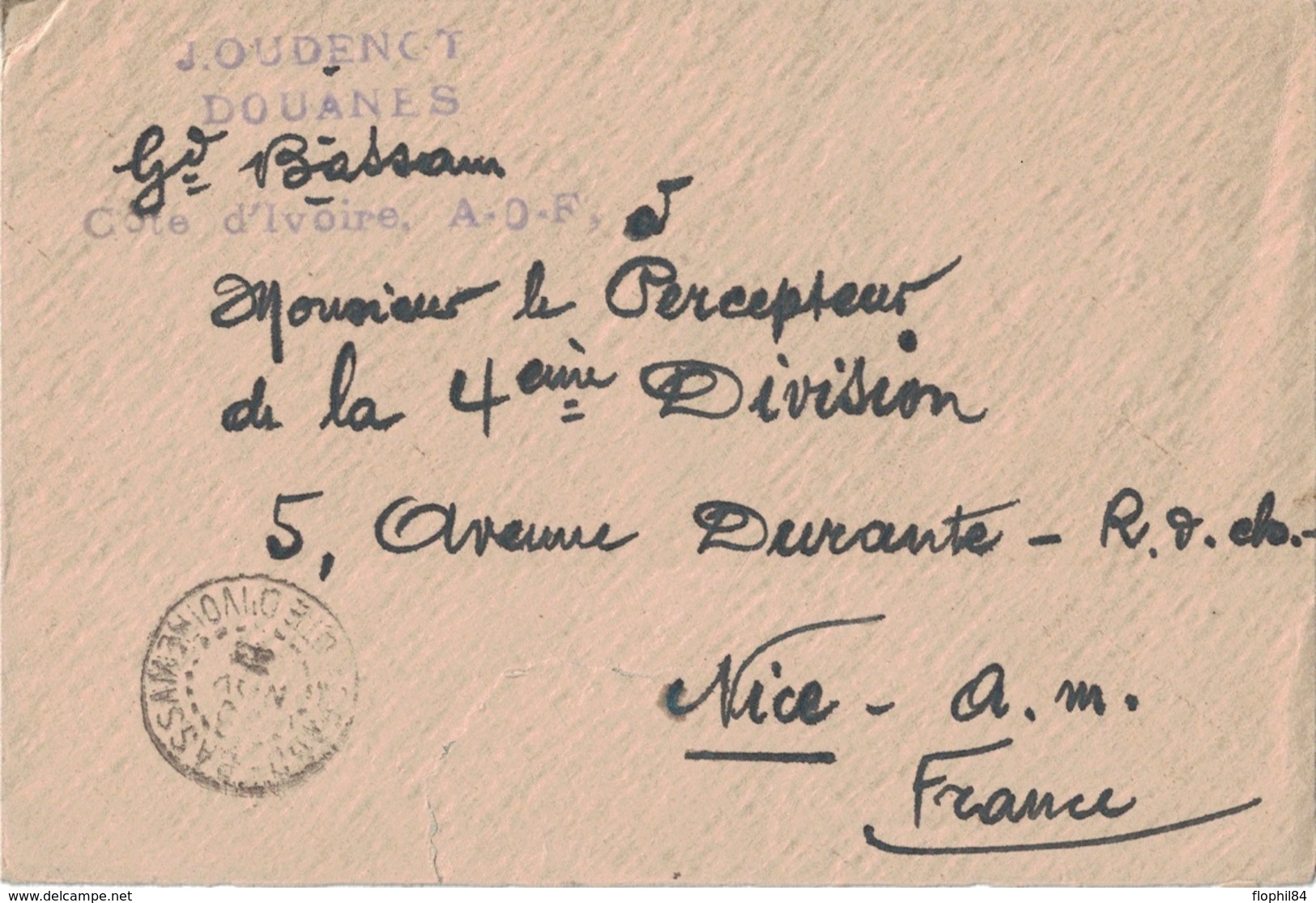 COTE D'IVOIRE - GRAND BASSAM - LETTRE POUR NICE AFFRANCHISSEMENT AU VERSO EN 1933. - Covers & Documents