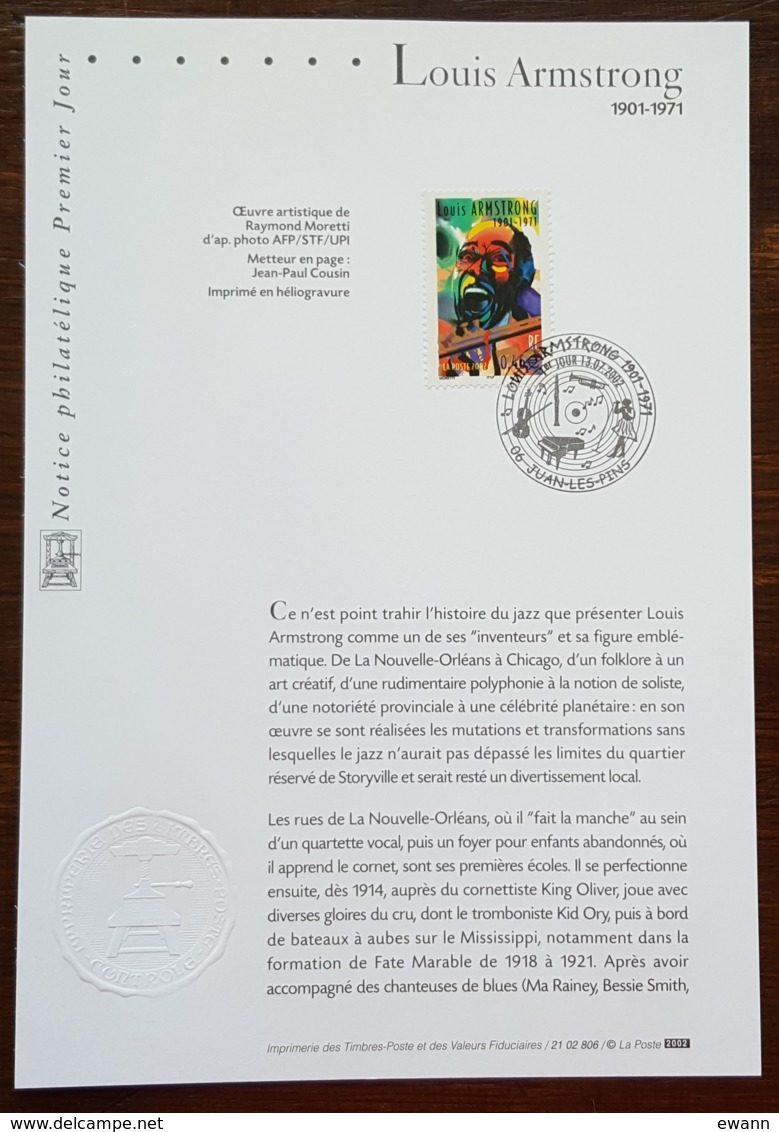 FDC Sur Document - YT N°3500 - Grands Interprètes De Jazz / Louis Armstrong - 2002 - 2000-2009