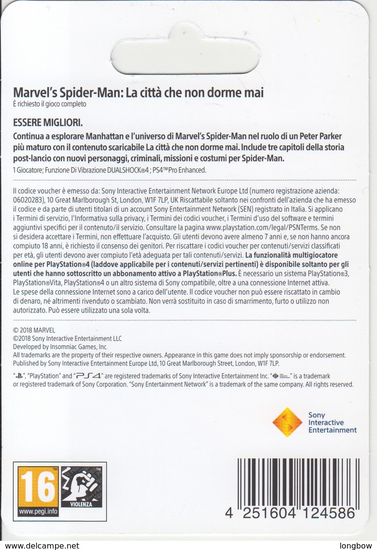 Game Card Italy PlayStation 2018 Marvel's Spider Man - Gift Cards