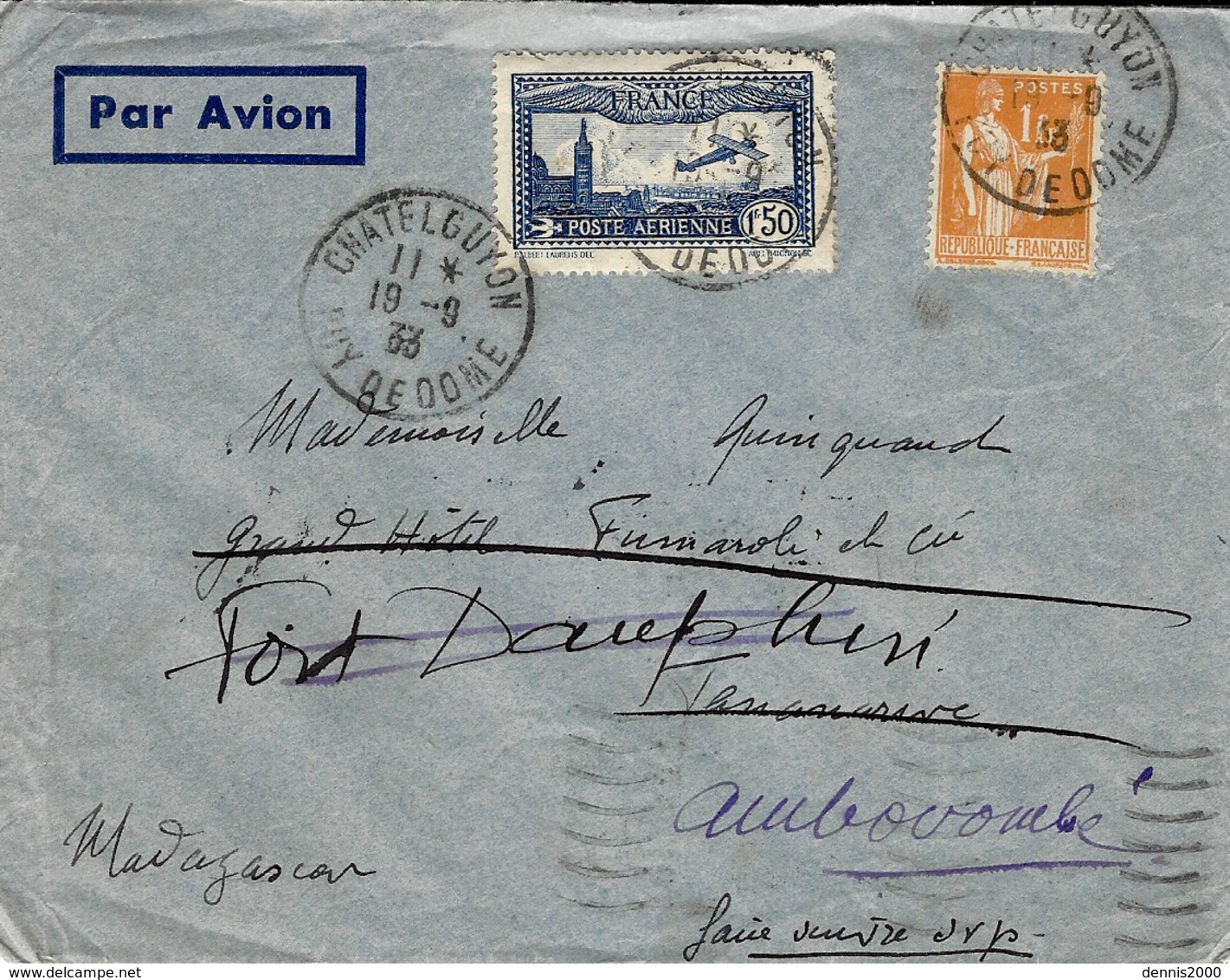 1933-enveloppe PAR AVION De Chatelguyon ( Puy De Dôme ) Affr. à12 F  Pour Madagascar - 1921-1960: Période Moderne