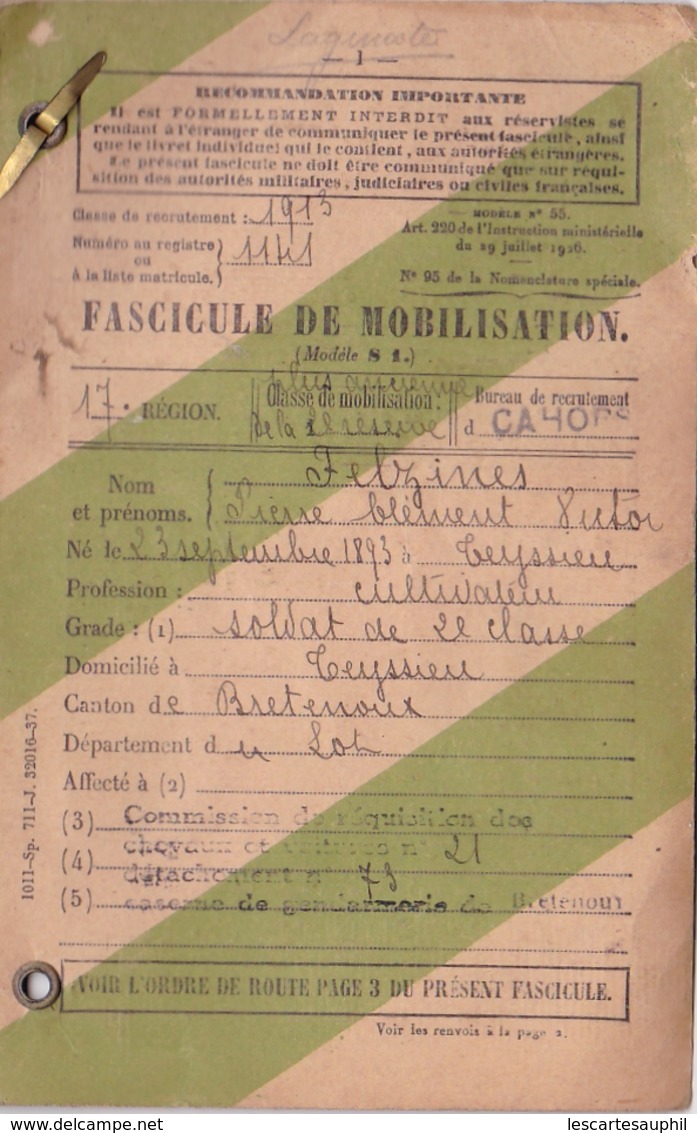 Lot Livret Militaire + Fascicule Mobilisation Guerre 14-18 Soldat 2 Eme Classe Teyssieu Lot Carte Adherent Combattants - Documents