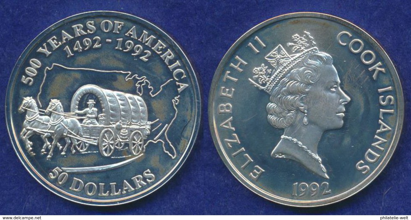 Cook-Inseln 50 Dollar 1992 Oregon Trail Ag925 1oz - Cookinseln