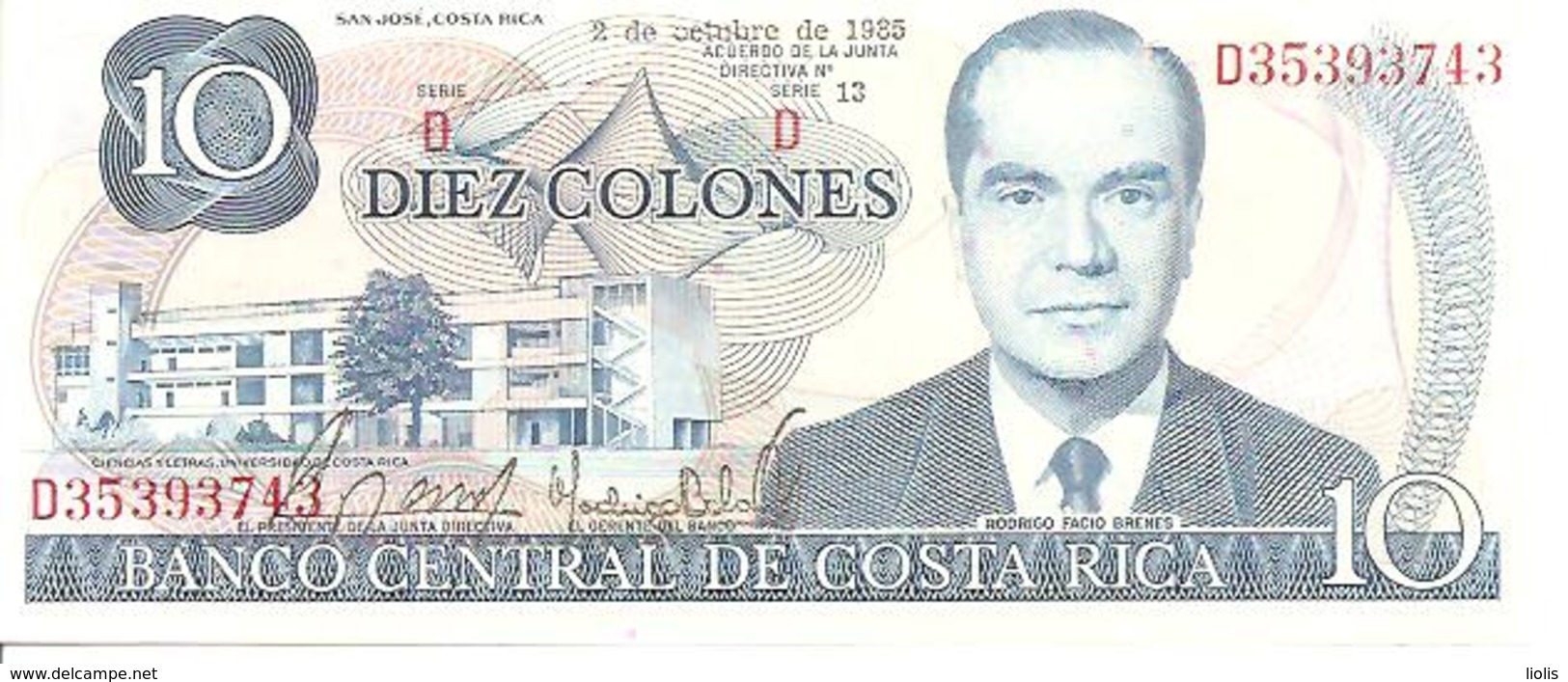 Costa Rica  P-237b  10 Colones  1985   UNC - Costa Rica