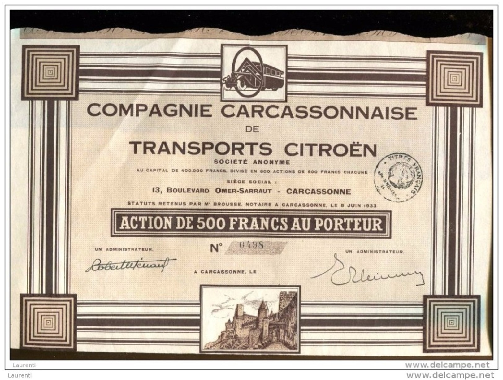 TITRE LT1--,CITROEN, Aude, Carcassonne, Compagnie Carcassonnaise Des Transports Citroen RARE 800 Ex - Auto's