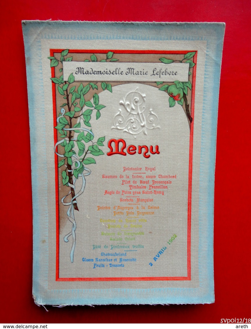 Joli Menu Ancien - 1902 -  Sur Carton Toilé  -  Initiales Gaufrées - Menus