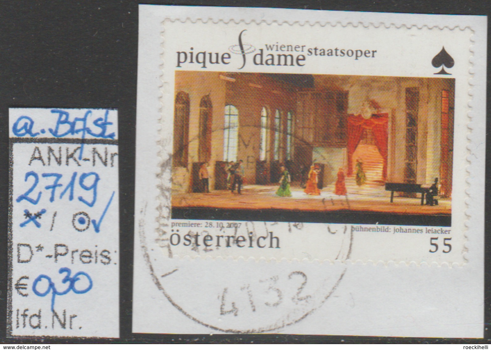 28.10.2007 - SM "Wiener Staatsoper - Pique Dame"  -  O Gestempelt A. Briefstück - S. Scan  (2719o) - Gebraucht