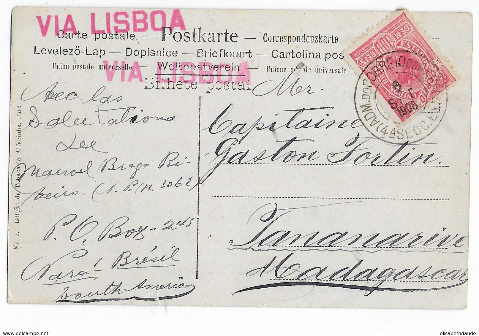 BRAZIL - 1906 - CARTE De PARA (BELEM) => TANANARIVE (MADAGASCAR) Via PORTUGAL - DESTINATION ! - Lettres & Documents