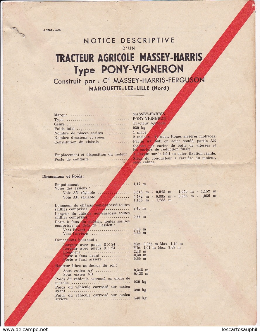 Notice Descriptive Tracteur Massey Harris Type Pony Vigneron 1956 - Agriculture