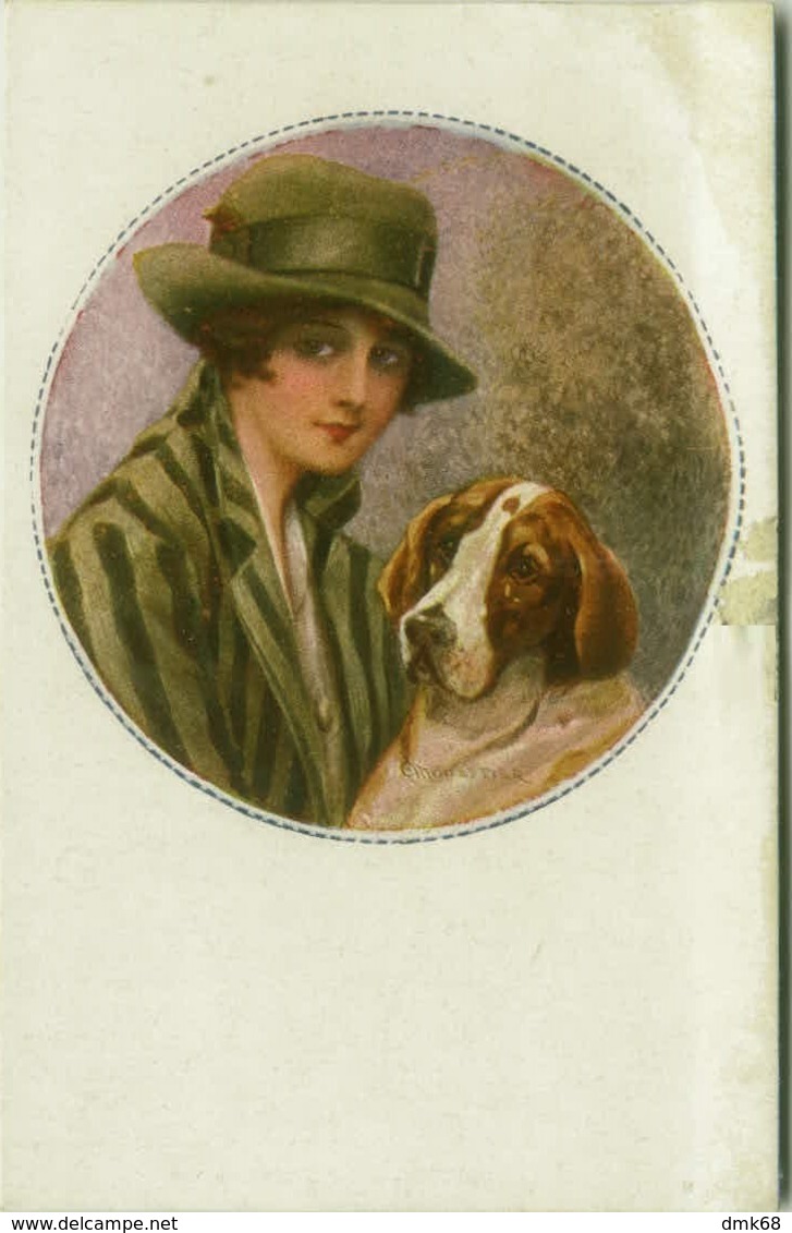 MONESTIER SIGNED 1910s POSTCARDS - WOMAN & DOG -  SERIES 36 - 6 POSTCARDS (BG322)