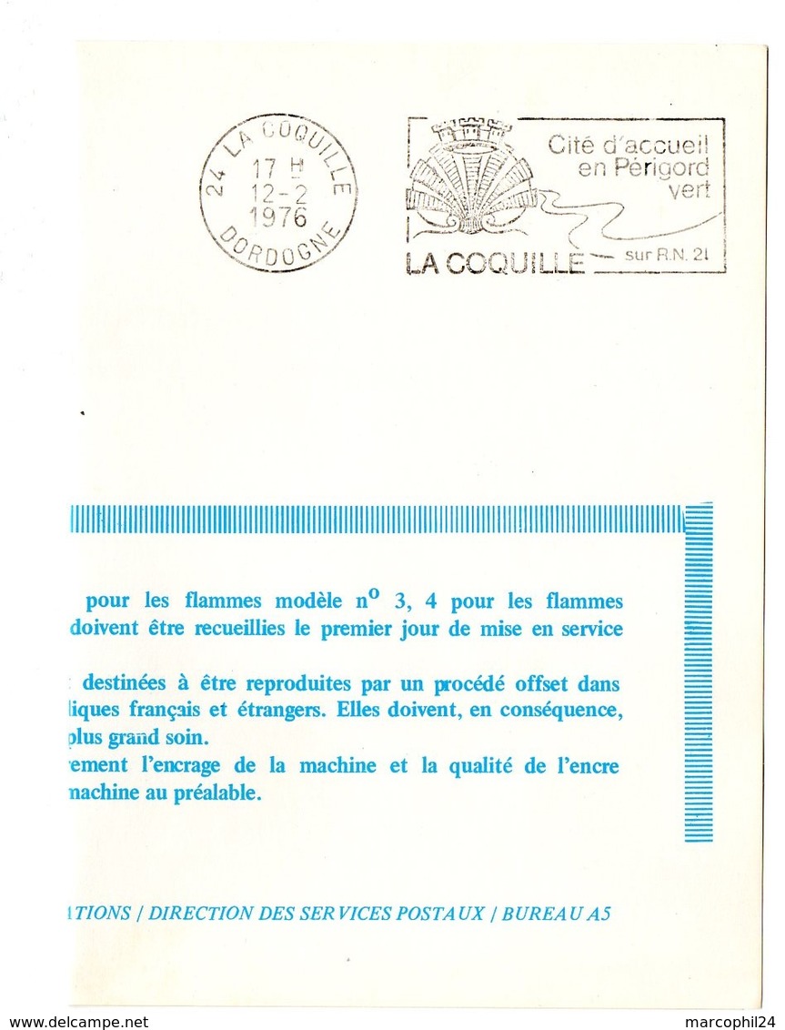 DORDOGNE - Dépt N° 24 = LA COQUILLE 1976 = FLAMME FDC = SECAP Illustrée D'un COQUILLAGE ' ACCUEIL En PERIGORD .' - Oblitérations Mécaniques (flammes)