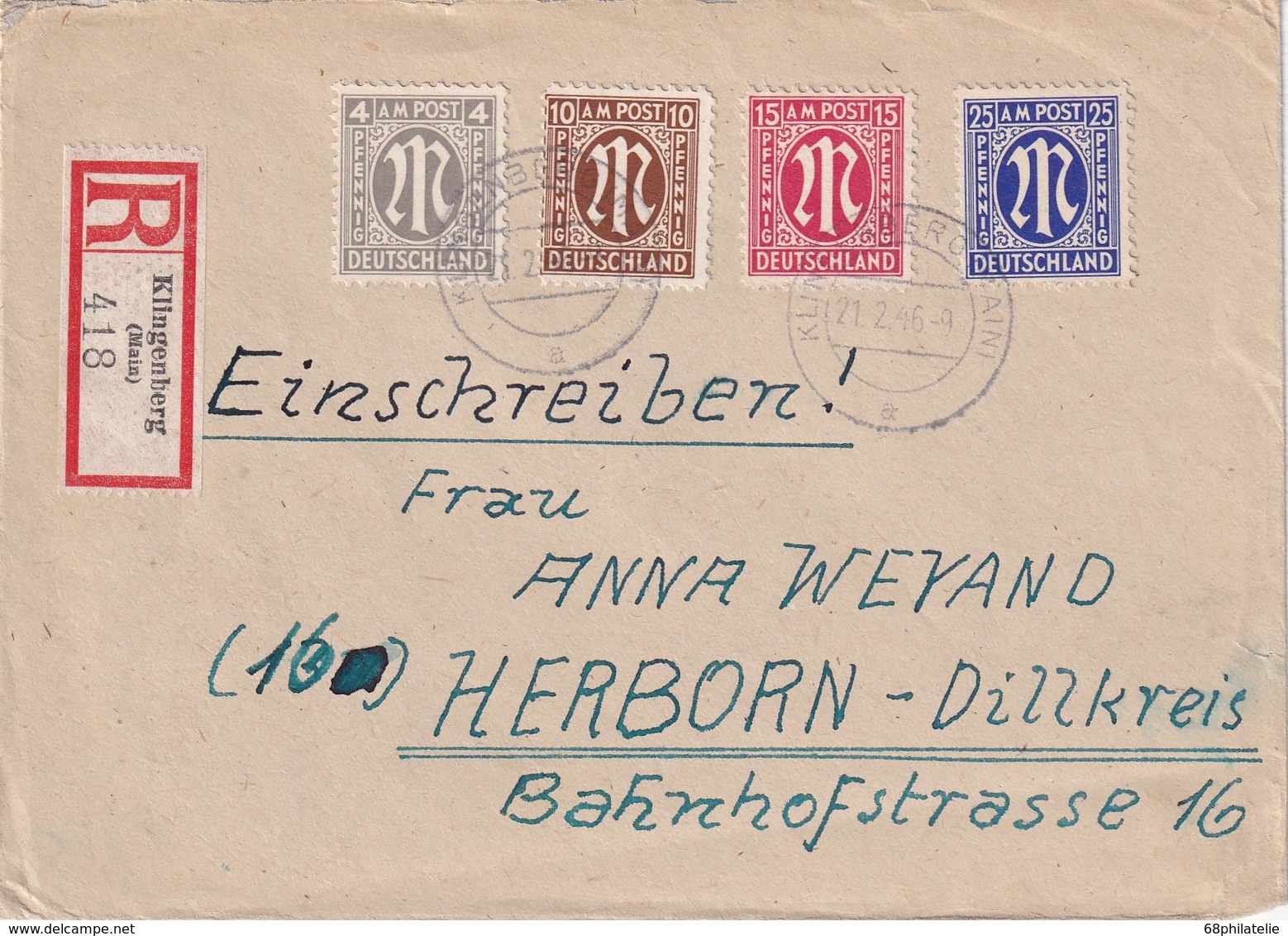 ALLEMAGNE ZONE ANGLO-AMERICAINE 1946 LETTRE RECOMMANDEE DE KLINGENBERG AVEC CACHET ARRIVEE HERBORN - Autres & Non Classés