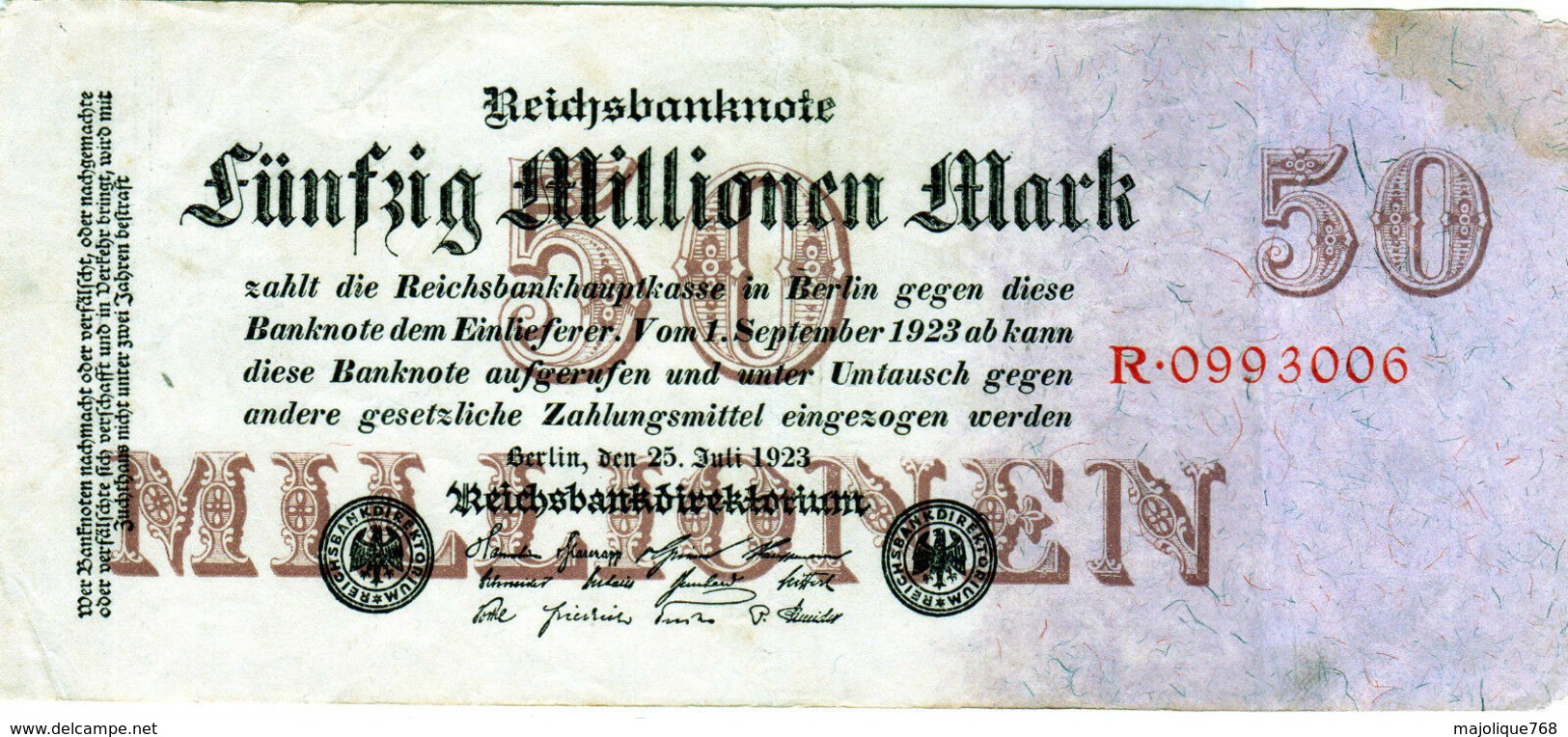 Billet De 50 Millionen Mark - En T B - Le 25-7-1923 - Uni Face - 7 Chiffres - - 50 Millionen Mark