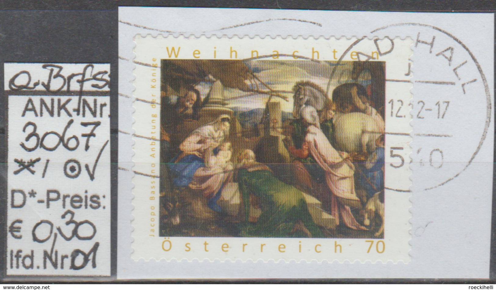 16.11.2012 - SM "Weihnachten-Jac. Bassano-Anbetung Der Könige" - O Gestempelt A. Briefstück - S. Scan (3067o 01-02 ABs) - Gebraucht