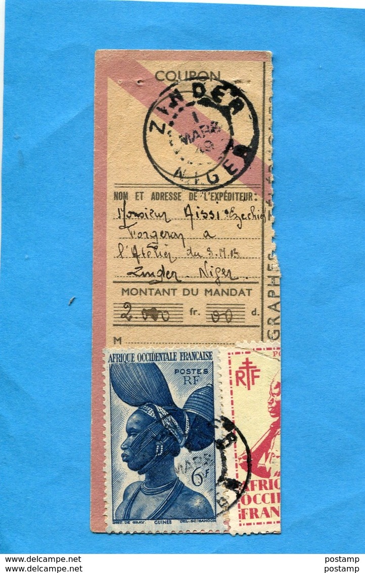 Marcophilie-coupon De Mandat Acquitté-Niger Français>Françe-cad ZINDER -1 Mars 1949 -2000 Frs+2stamp A O F - Lettres & Documents