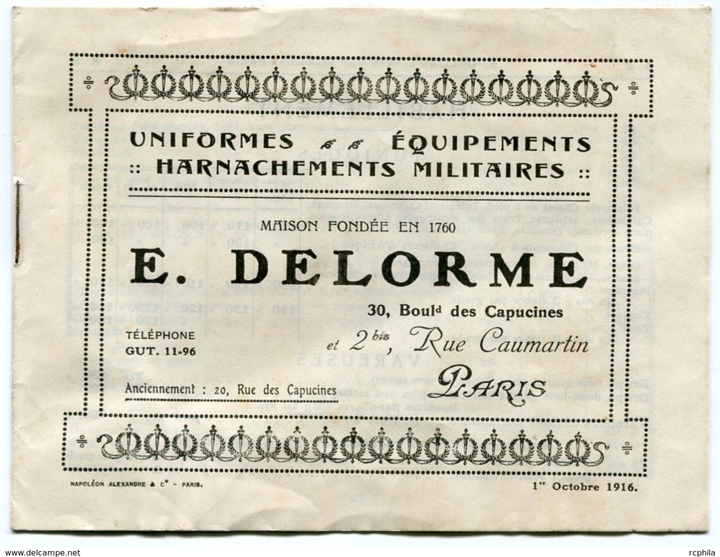 RC 12655 CATALOGUE 1916 UNIFORMES EQUIPEMENTS MILITAIRES E. DELORME A PARIS TB - Supplies And Equipment