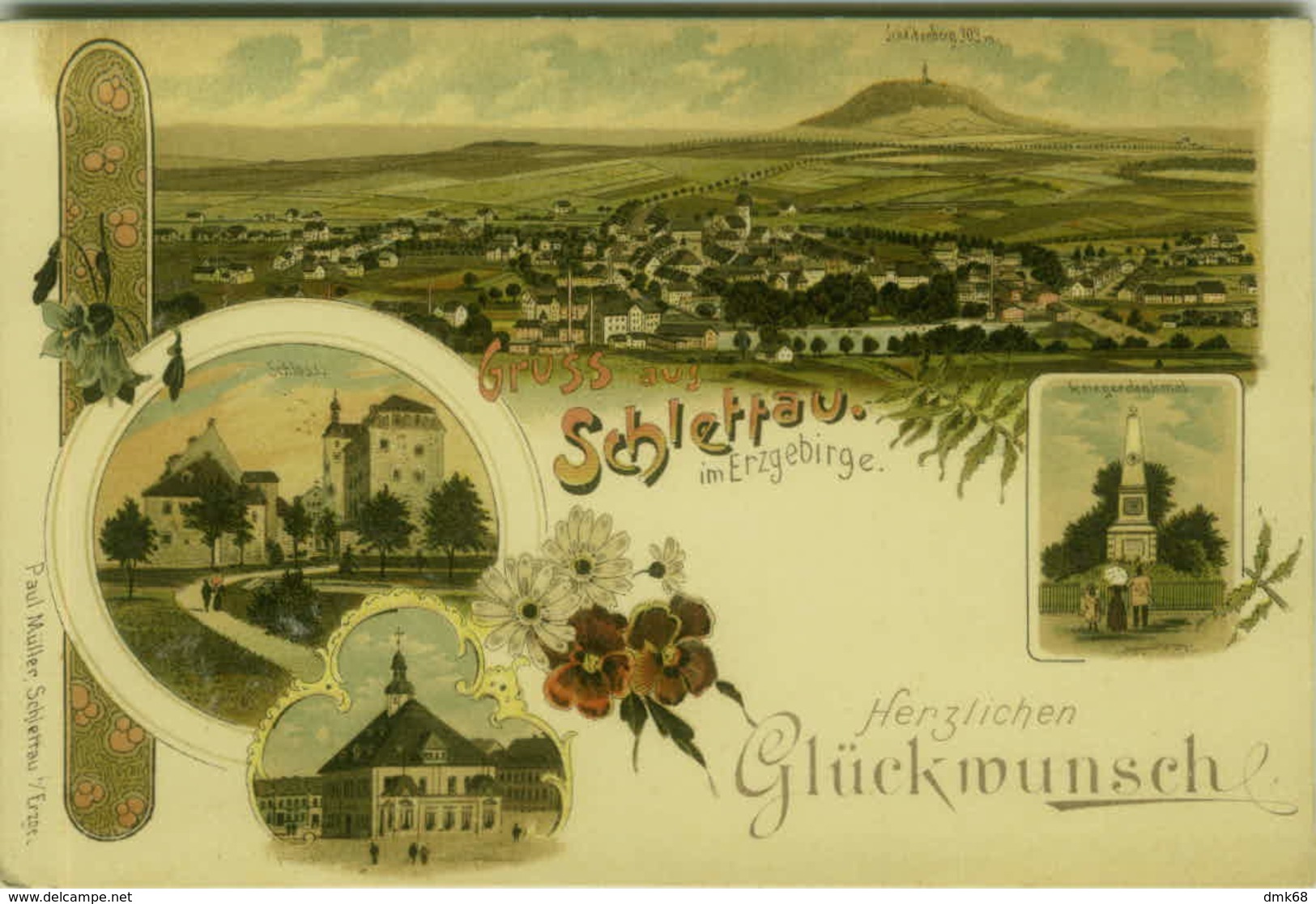 AK GERMANY - GRUSS AUS SCHLETTAU IM ERZGEBIRGE - HERZLICHEN GLUCKMUNSCH - LITHO EDIT PAUL MULLER 1900s (BG3368) - Schlettau