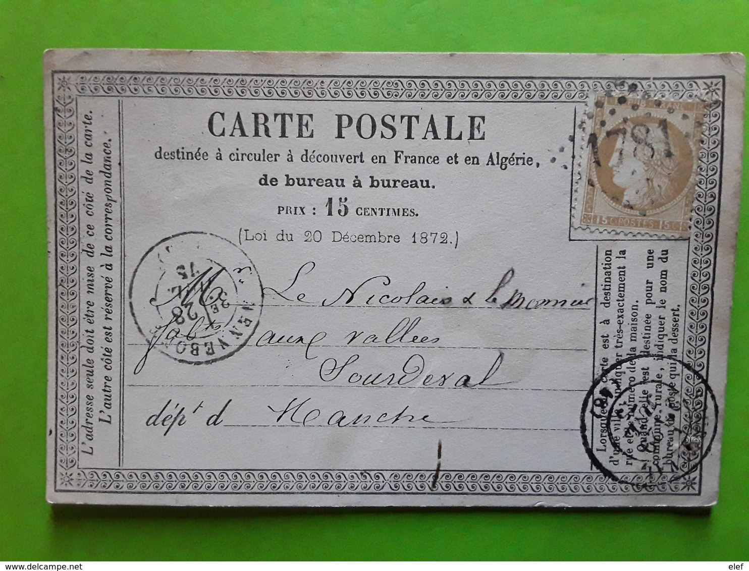 Carte PRECURSEUR, HENNEBONT Morbihan    GC 1781 /  CERES 55, 15 C Bistre,28 Juillet 1875  >  Sourdeval Manche - 1849-1876: Classic Period