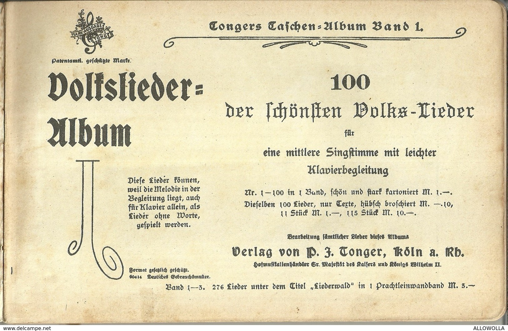 3551 "TONGERS TASCHEN ALBUM Bd. 1-100 VOLKS LIEDER - 1913" 188 PAGINE- ORIGINALE - Música