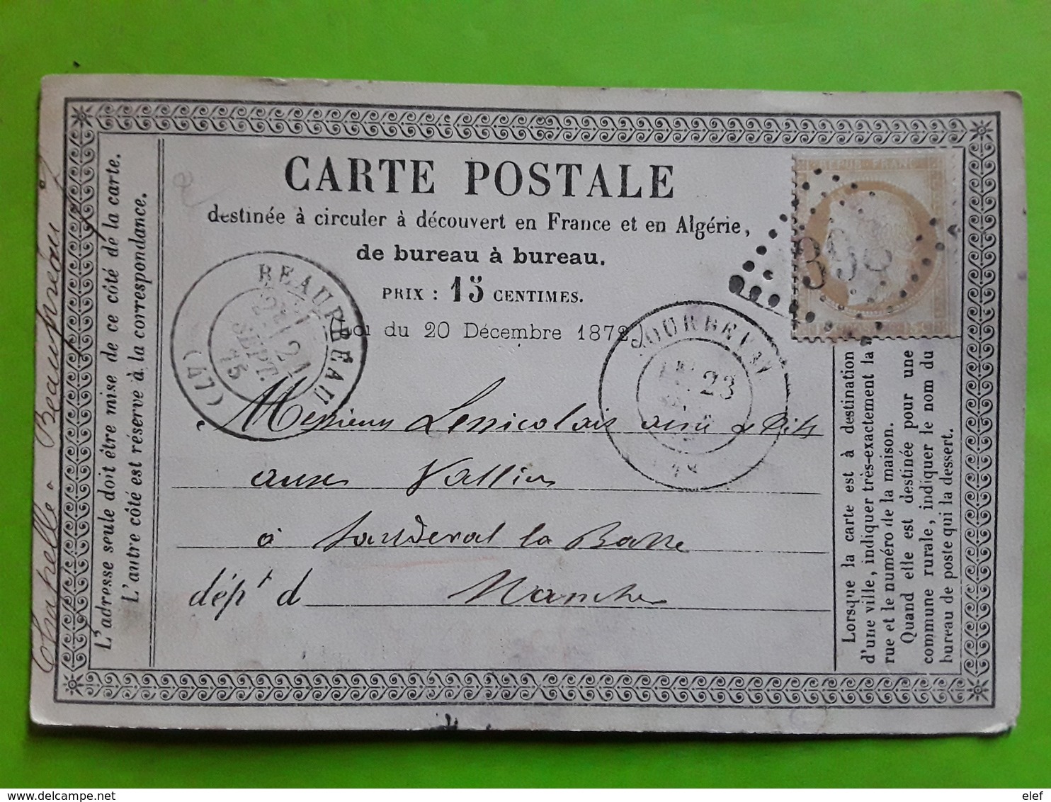 Carte PRECURSEUR, BEAUPREAU, Maine Et Loire  GC 398 /  CERES 55, 15 C Bistre,21 Septembre 1875  >  Sourdeval Manche - 1849-1876: Classic Period