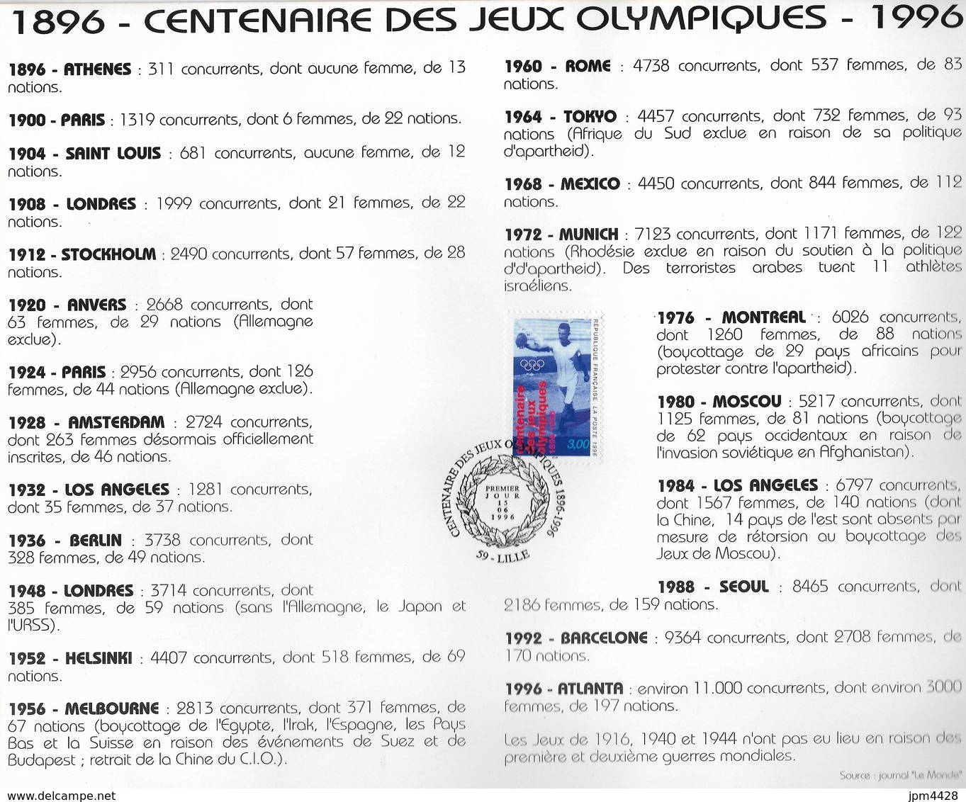 USA - Etats Unis 1996 - 2490 à 2509 Et France 1996 - 3016 Centenaire Des JO Dans Un Encart Double Page - Alla Rinfusa (max 999 Francobolli)