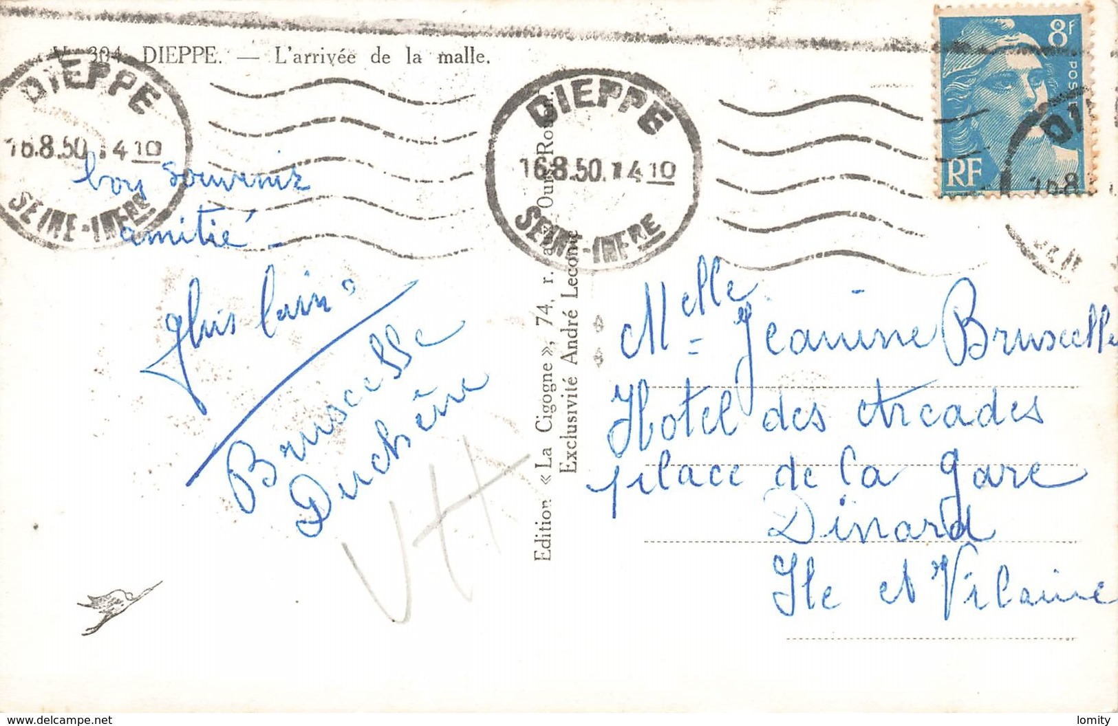 76 Dieppe Arrivée De La Malle Bateau Paquebot Cachet 1950 - Dieppe