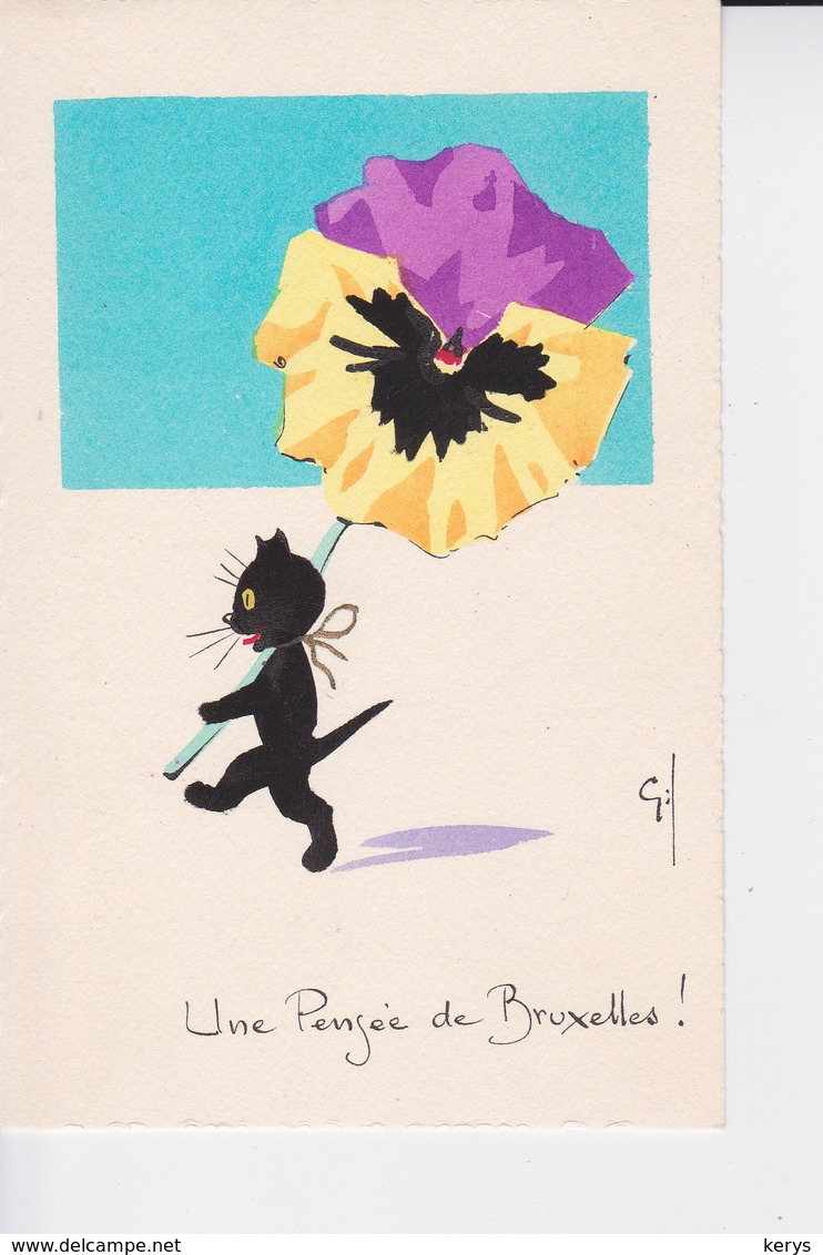 UNE PENSEE DE BRUXELLES " CHAT NOIR PORTANT UNE FLEUR ! " SIGNEE GIL " - Cats
