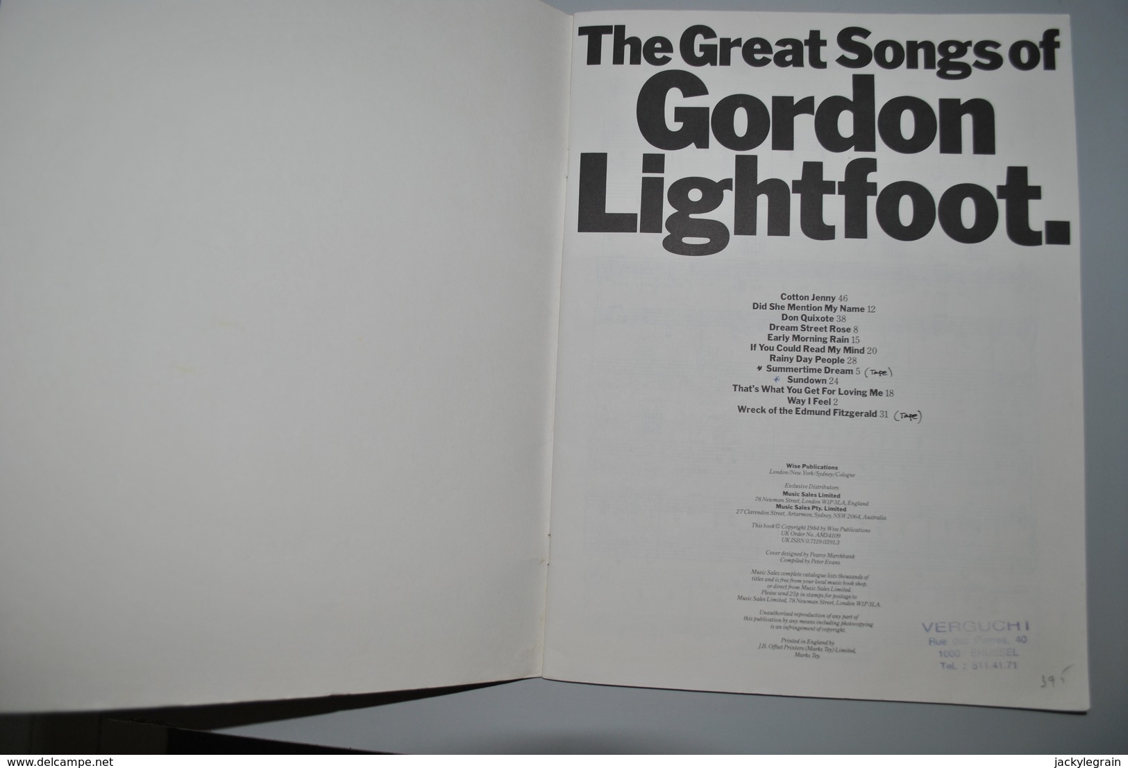 Partition Gordon Lightfoot Etat Correct Vente En Belgique Uniquement Envoi Bpost 2,50 € - Andere & Zonder Classificatie