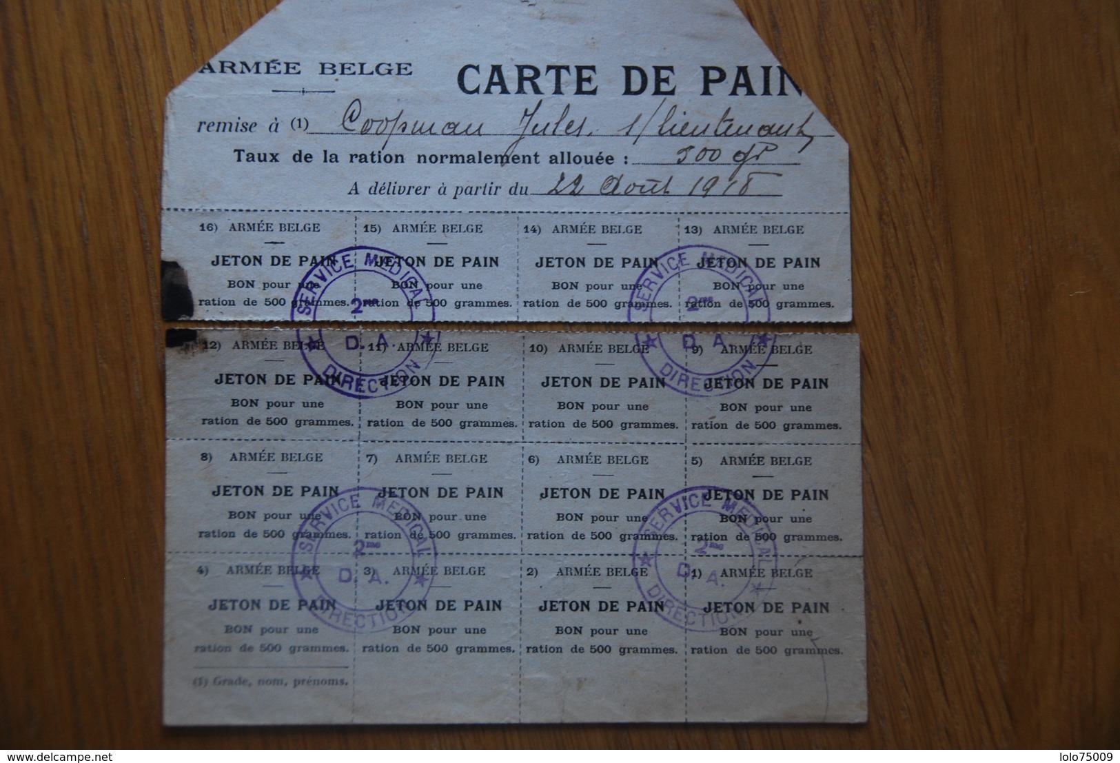 Rationnement - Carte De Pain Armee Belge TRES RARE / Service Medical - Documents Historiques