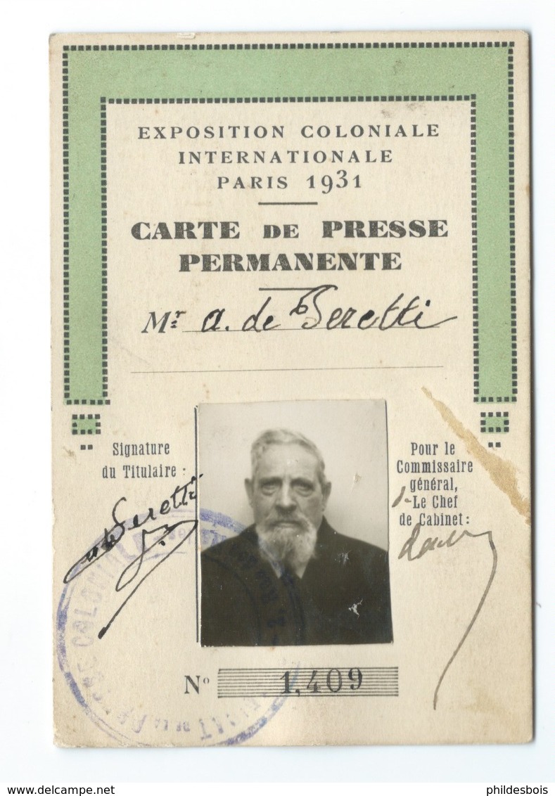 CARTE DE PRESSE EXPOSITION COLONIALE PARIS 1931 - Other & Unclassified