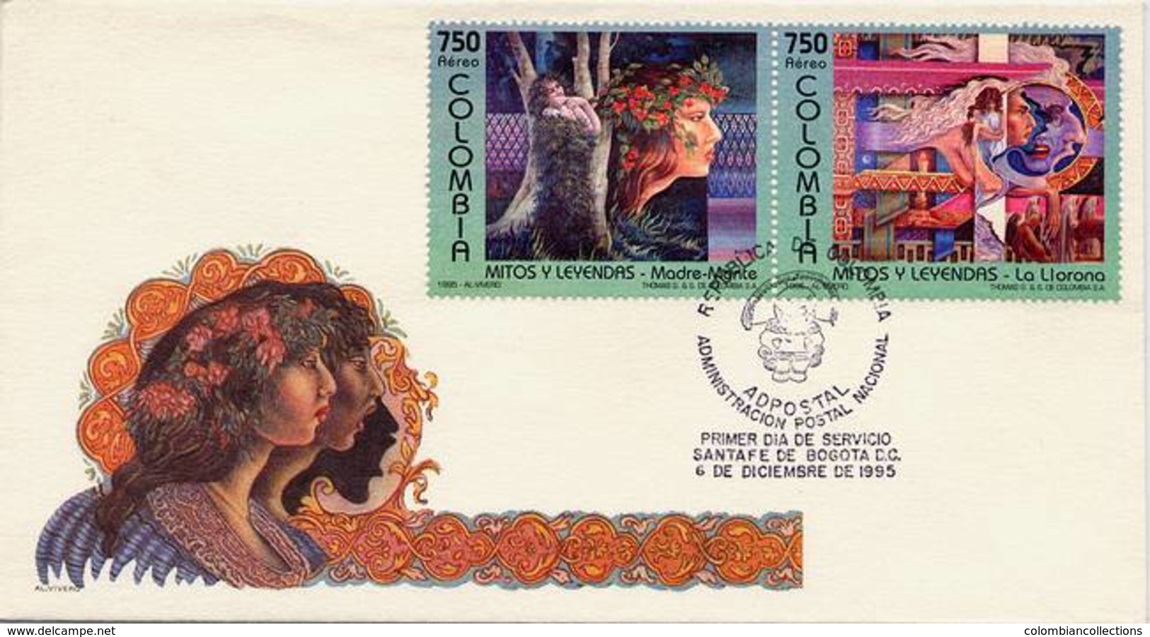 Lote 2008-9F, Colombia, 1995, SPD - FDC, Mitos Y Leyendas, Myths And Legends, Verde - Colombia