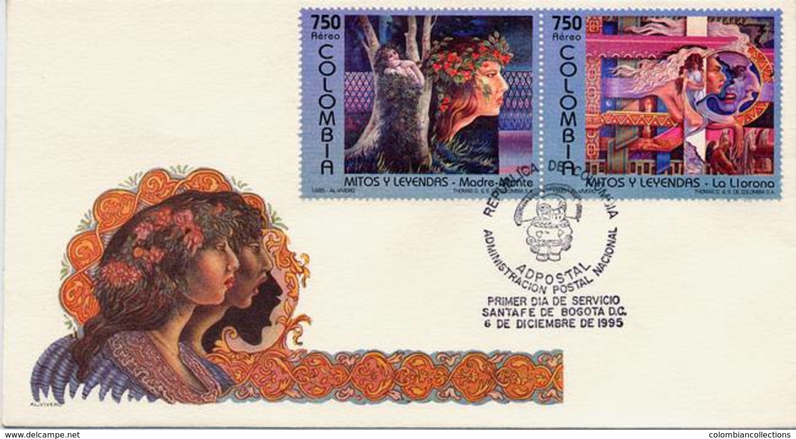 Lote 2008-9aF, Colombia, 1995, SPD - FDC, Mitos Y Leyendas, Myths And Legends, Violeta, Verde - Colombia