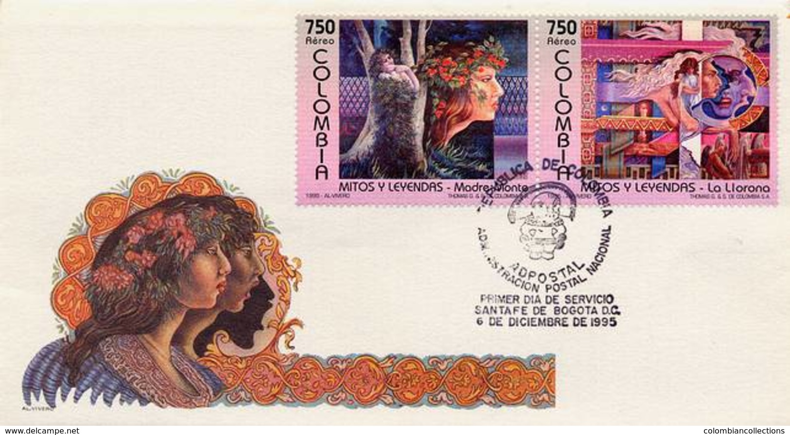 Lote 2010-1aF, Colombia, 1995, SPD - FDC, Mitos Y Leyendas, Myths And Legends, Reptile, Woman, Music, Violeta - Colombia