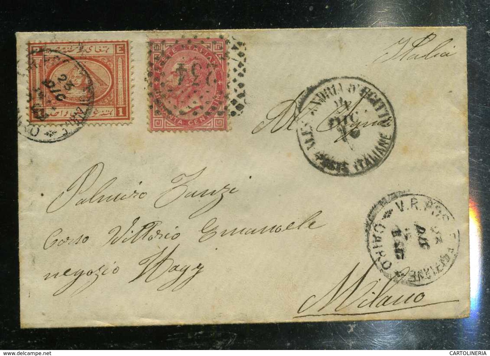 Italia Egitto Regno De La Rue 1870 Piego In Affrancatura Mista Dal Cairo A Milano - Marcofilie