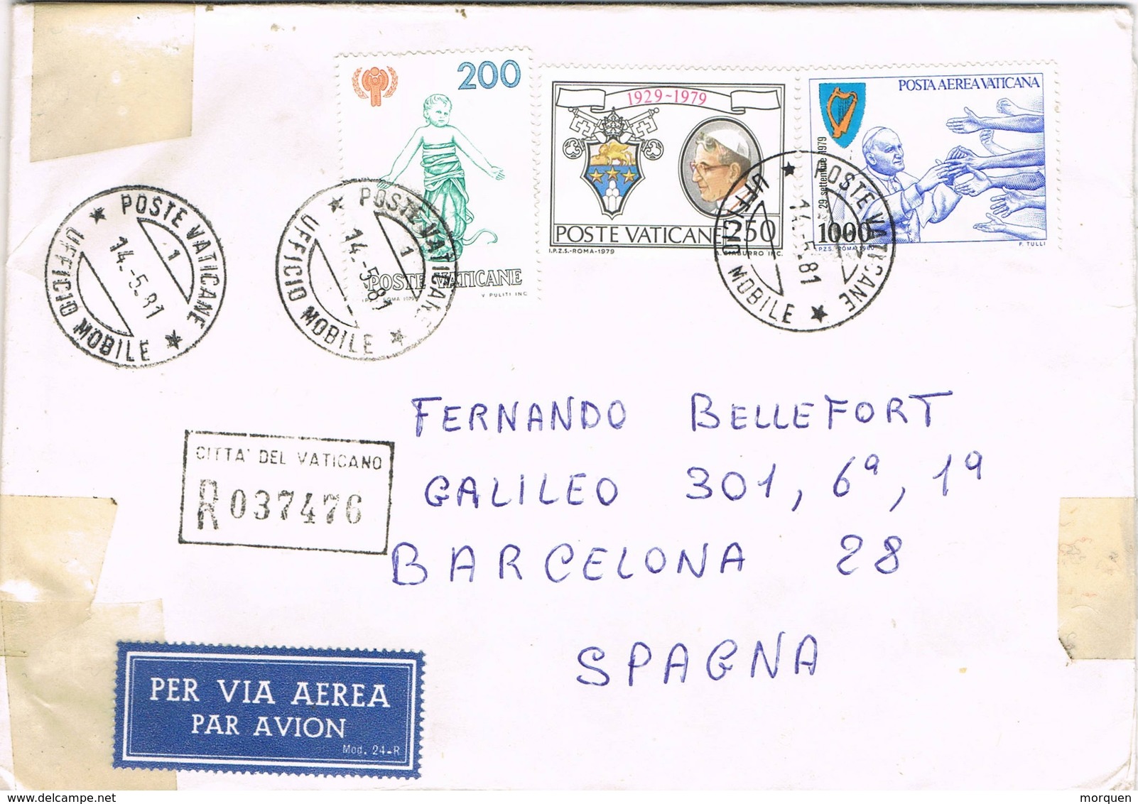 32726. Carta Certificada Aerea VATICANO 1981 A Barcelona. Viñeta, Label - Cartas & Documentos