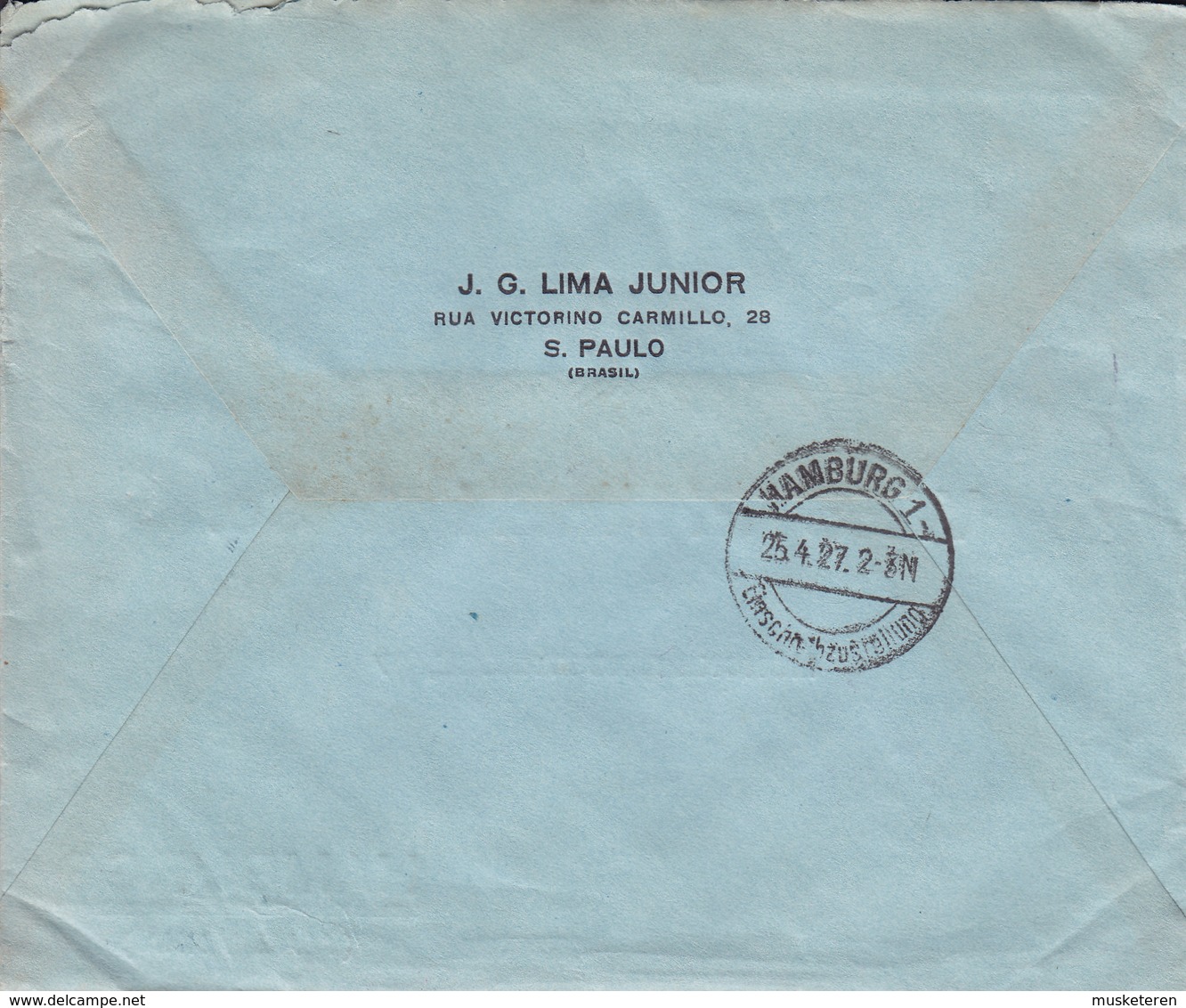 Brazil J. G. LIMA JUNIOR Registered Registrada SAO PAULO 1927 Cover Letra HAMBURG (Arr. Cds.) Germany - Briefe U. Dokumente