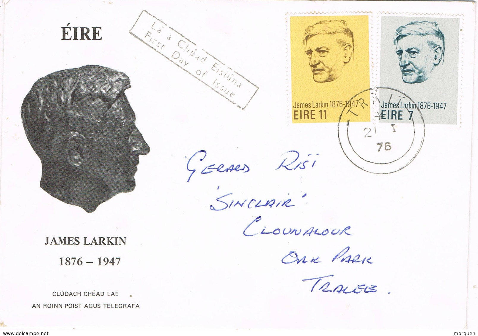 32734. Carta TRALÍ (Tralee) Eire, Irlanda 1976, Anniversario Nacimiento JAMES LARKIN - Briefe U. Dokumente