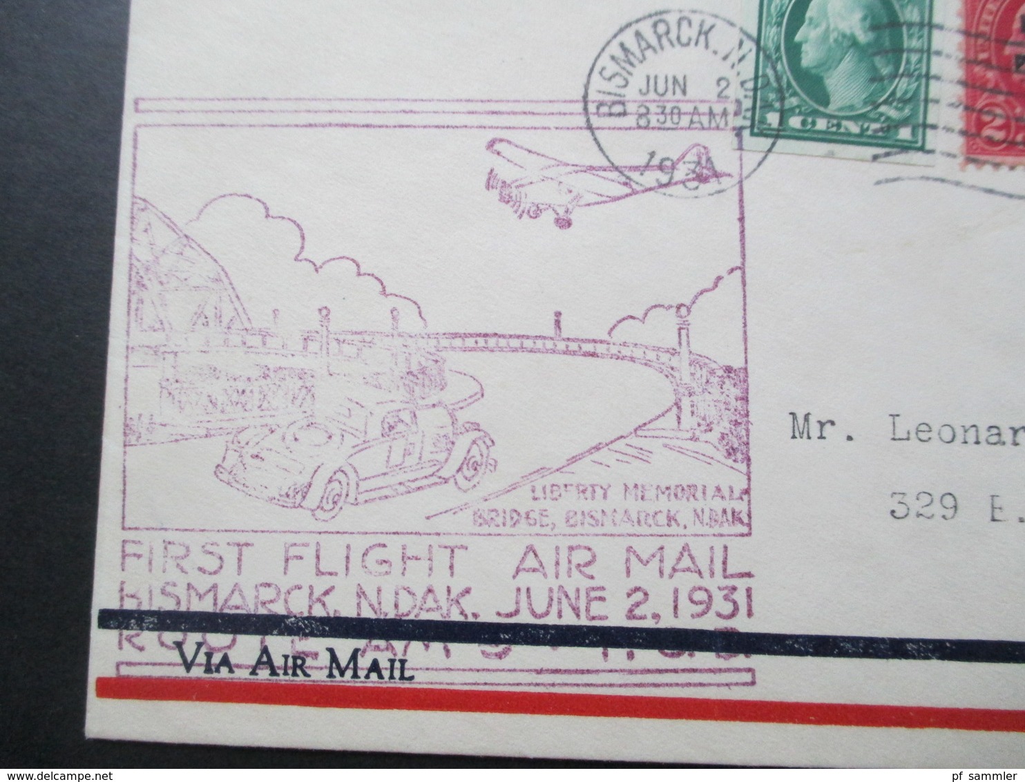 USA 1931 First Flight Cover Air Mail Bismarck N.Dak. Nr. 179 Geschnitten Und Vorrausentwertung Molly Pitcher - Briefe U. Dokumente