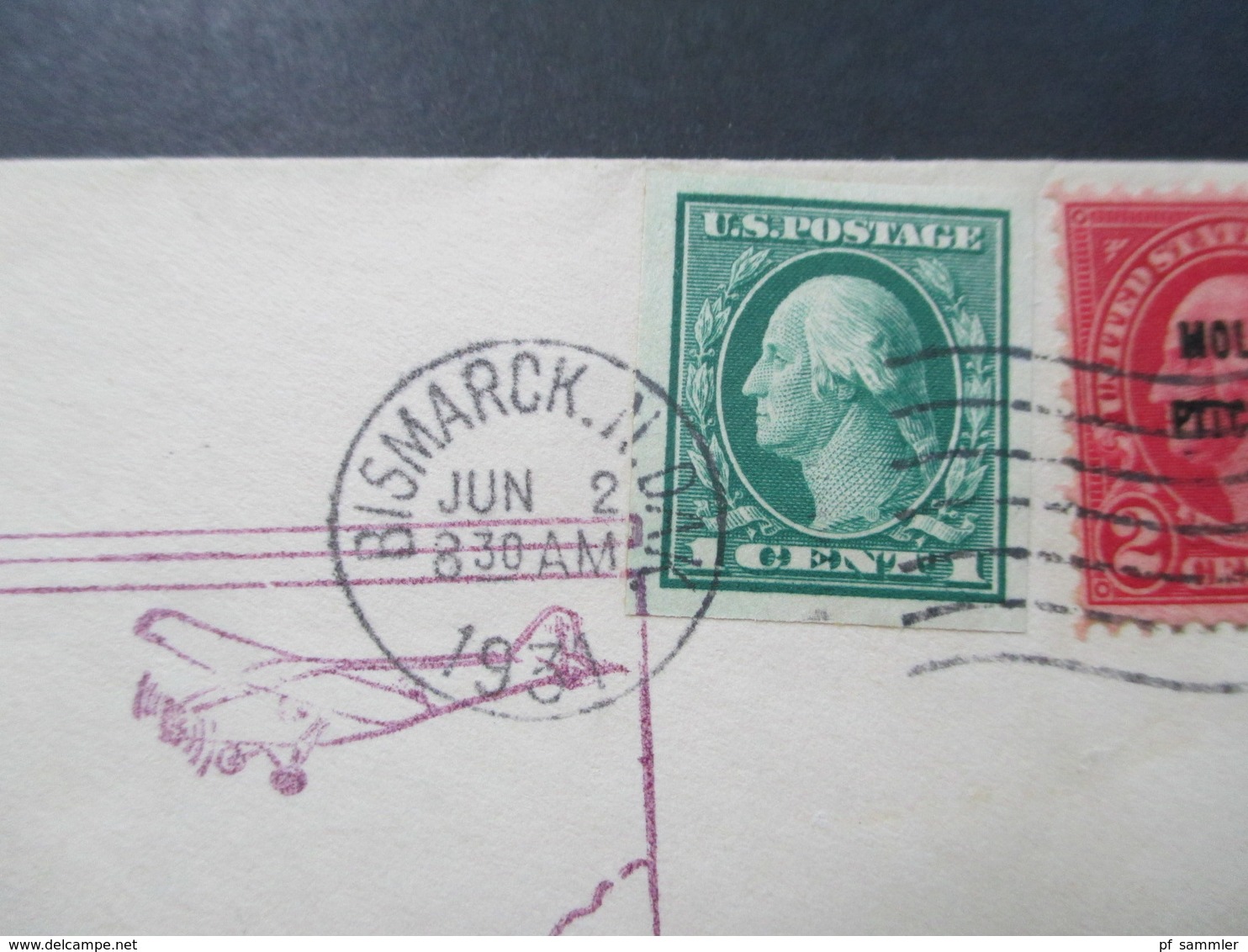 USA 1931 First Flight Cover Air Mail Bismarck N.Dak. Nr. 179 Geschnitten Und Vorrausentwertung Molly Pitcher - Covers & Documents