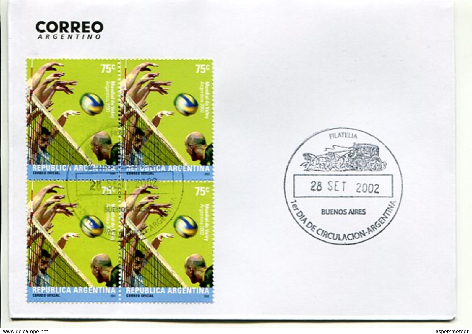 "MUNDIAL DE VOLEY". ARGENTINA AÑO 2002, SOBRE PRIMER DIA DE EMISION, FDC ENVELOPE. - LILHU - Volleyball